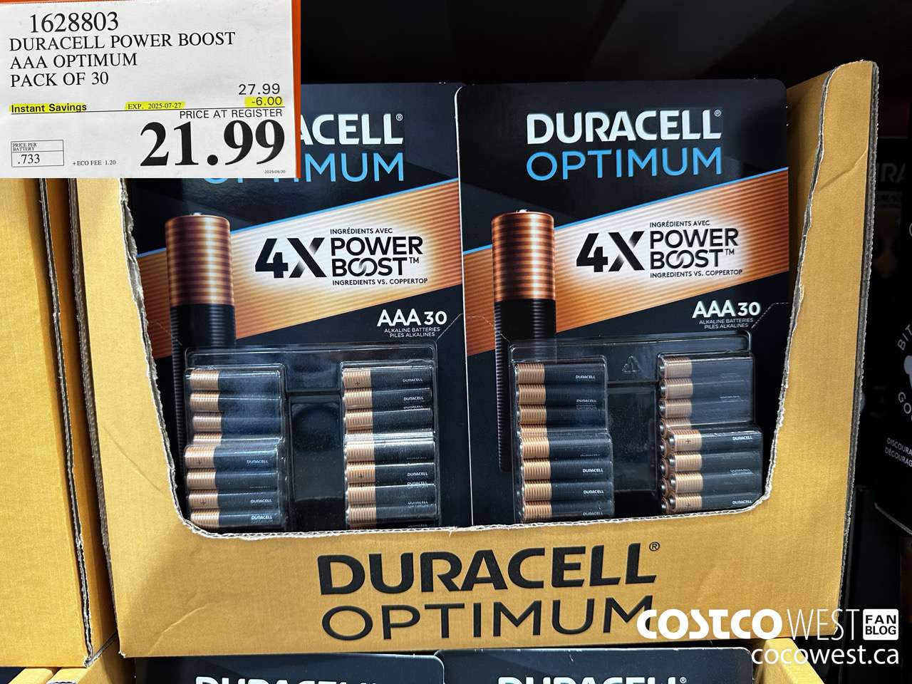 1628803 DURACELL POWER BOOST AAA OPTIMUM PACK OF 30 ($6.00 INSTANT SAVINGS EXPIRES ON 2025-07-27) $21.99