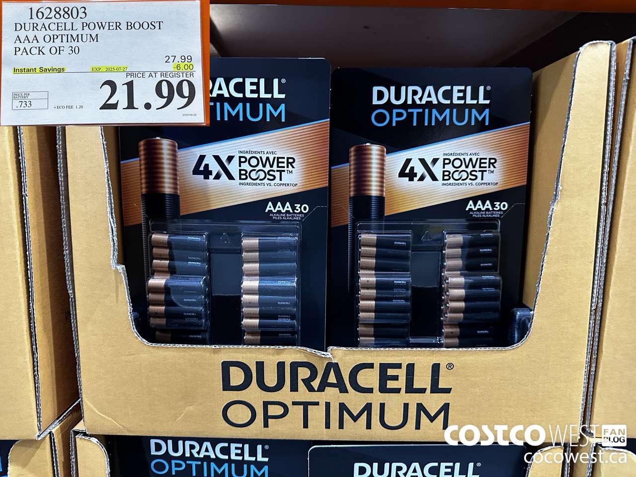 1628803 DURACELL POWER BOOST AAA OPTIMUM PACK OF 30 ($6.00 INSTANT SAVINGS EXPIRES ON 2025-07-27) $21.99