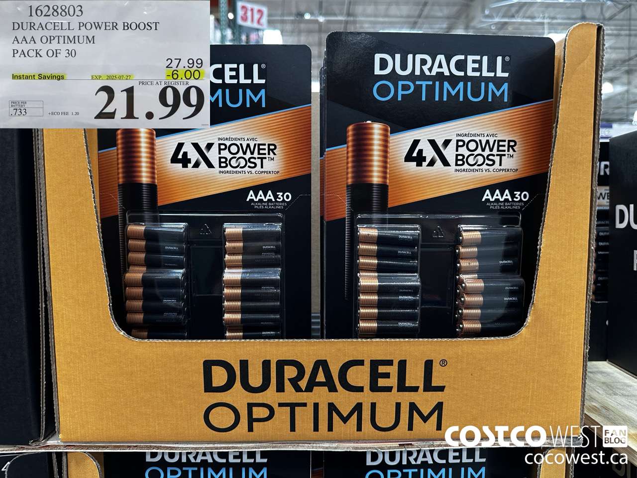 1628803 DURACELL POWER BOOST AAA OPTIMUM PACK OF 30 ($6.00 INSTANT SAVINGS EXPIRES ON 2025-07-27) $21.99
