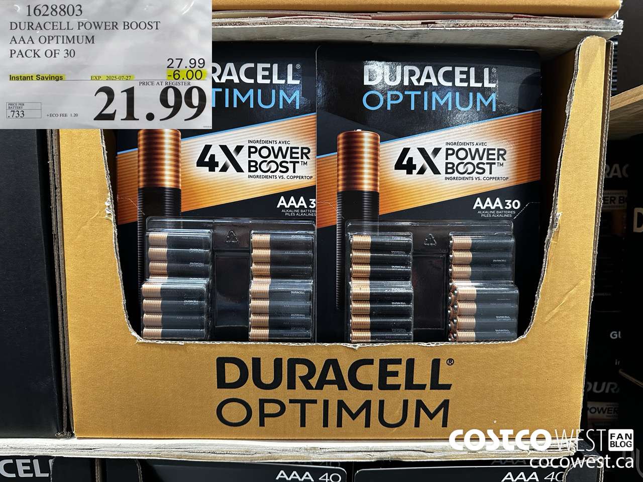 1628803 DURACELL POWER BOOST AAA OPTIMUM PACK OF 30 ($6.00 INSTANT SAVINGS EXPIRES ON 2025-07-27) $21.99