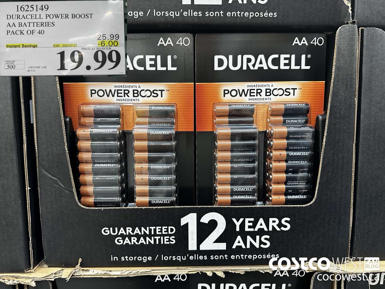 1625149 DURACELL POWER BOOST AA BATTERIES PACK OF 40 ($6.00 INSTANT SAVINGS EXPIRES ON 2025-07-27) $19.99
