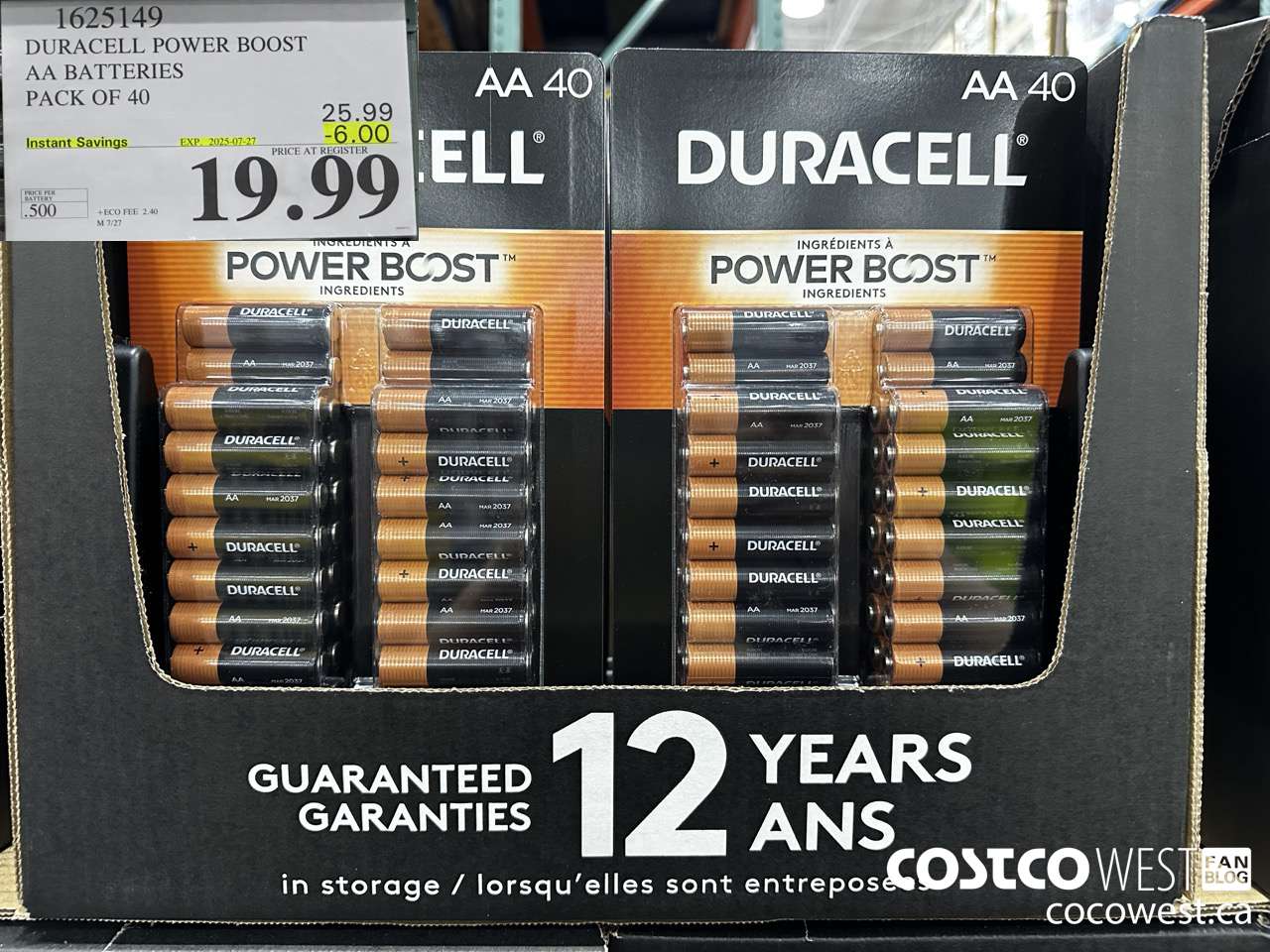 1625149 DURACELL POWER BOOST AA BATTERIES PACK OF 40 ($6.00 INSTANT SAVINGS EXPIRES ON 2025-07-27) $19.99