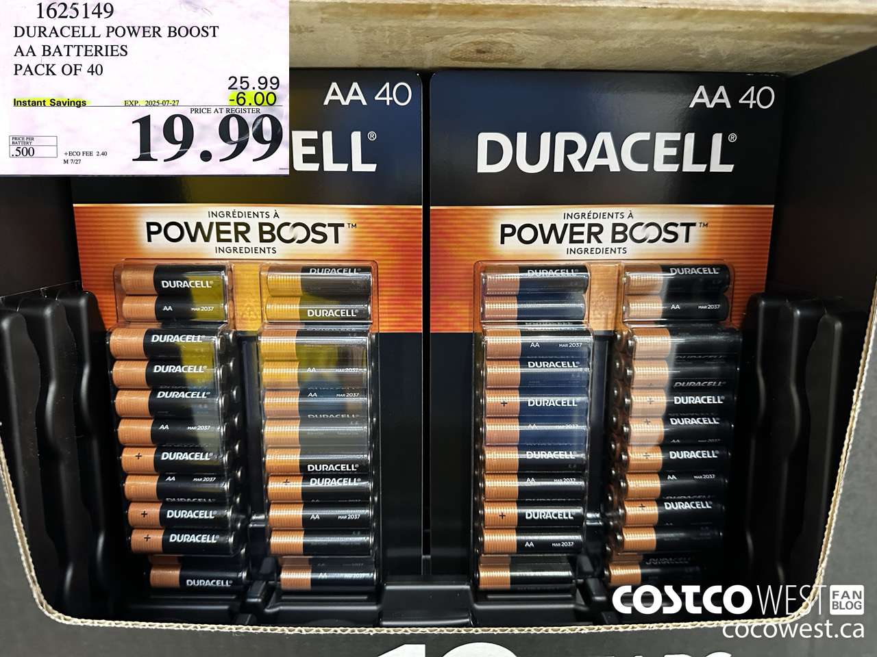 1625149 DURACELL POWER BOOST AA BATTERIES PACK OF 40 ($6.00 INSTANT SAVINGS EXPIRES ON 2025-07-27) $19.99