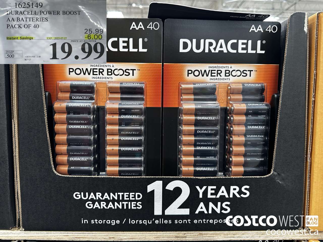 1625149 DURACELL POWER BOOST AA BATTERIES PACK OF 40 ($6.00 INSTANT SAVINGS EXPIRES ON 2025-07-27) $19.99
