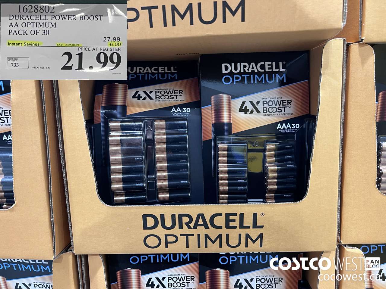 1628802 DURACELL POWER BOOST AA OPTIMUM PACK OF 30 ($6.00 INSTANT SAVINGS EXPIRES ON 2025-07-27) $21.99