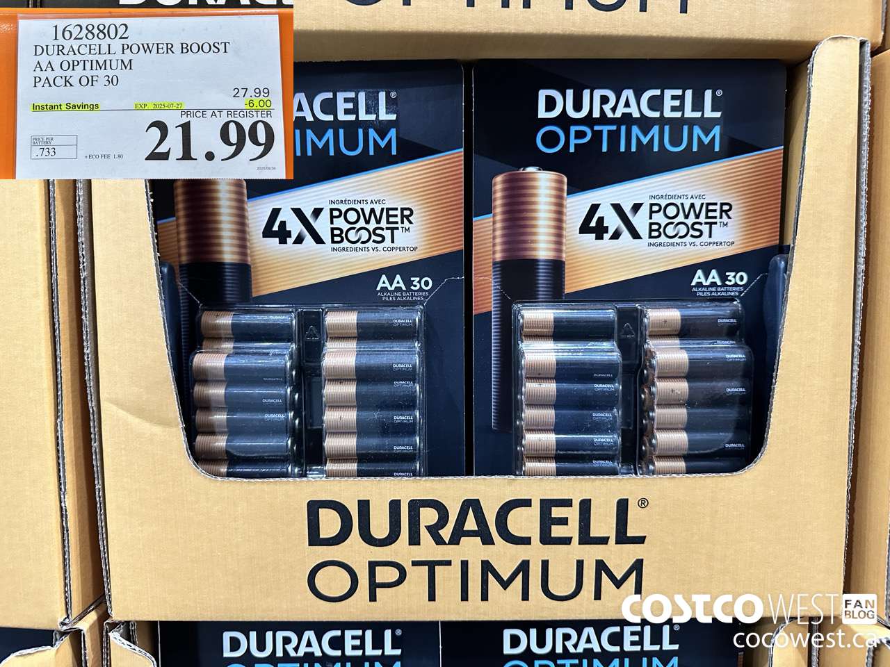 1628802 DURACELL POWER BOOST AA OPTIMUM PACK OF 30 ($6.00 INSTANT SAVINGS EXPIRES ON 2025-07-27) $21.99