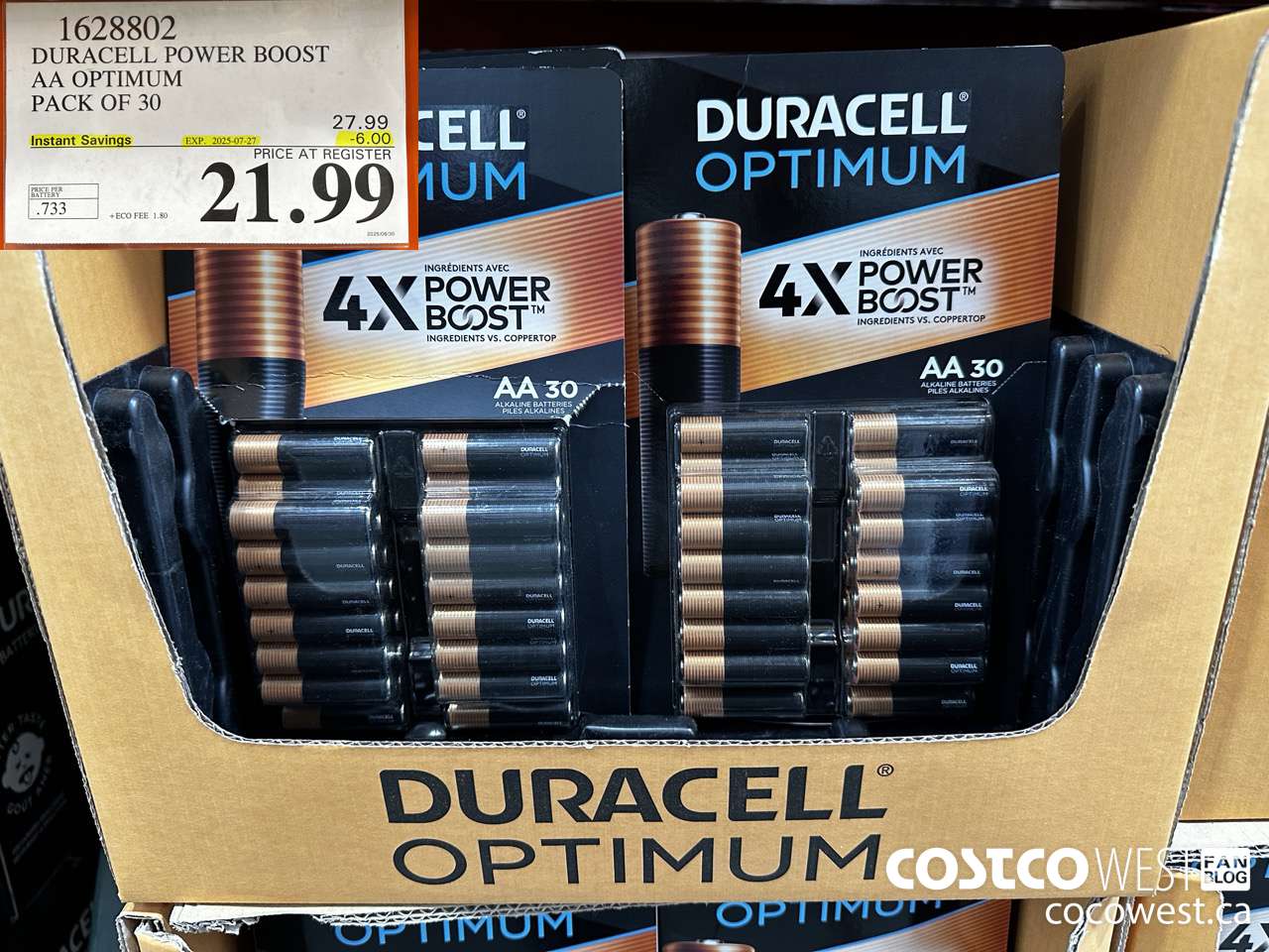 1628802 DURACELL POWER BOOST AA OPTIMUM PACK OF 30 ($6.00 INSTANT SAVINGS EXPIRES ON 2025-07-27) $21.99