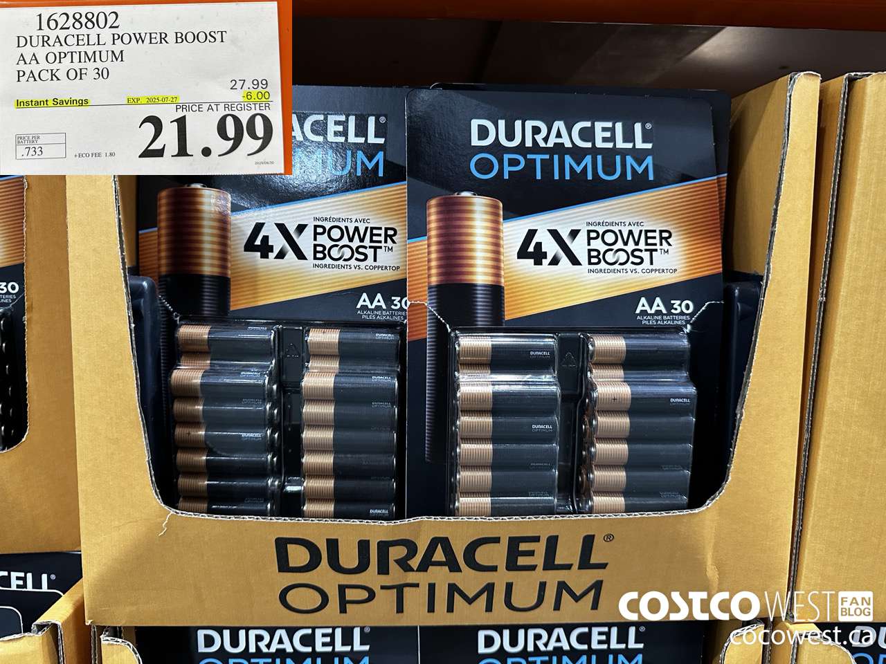 1628802 DURACELL POWER BOOST AA OPTIMUM PACK OF 30 ($6.00 INSTANT SAVINGS EXPIRES ON 2025-07-27) $21.99