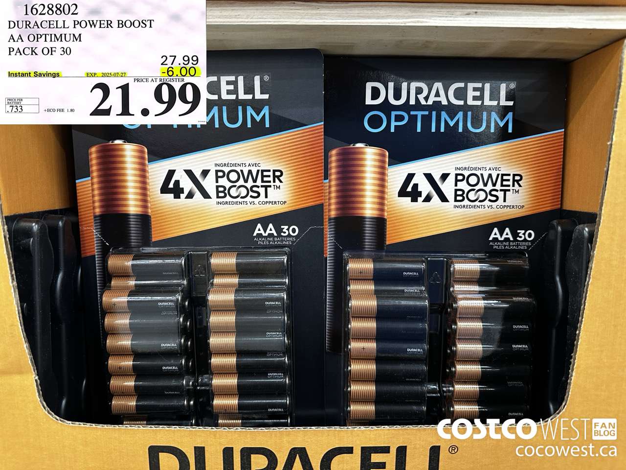 1628802 DURACELL POWER BOOST AA OPTIMUM PACK OF 30 ($6.00 INSTANT SAVINGS EXPIRES ON 2025-07-27) $21.99