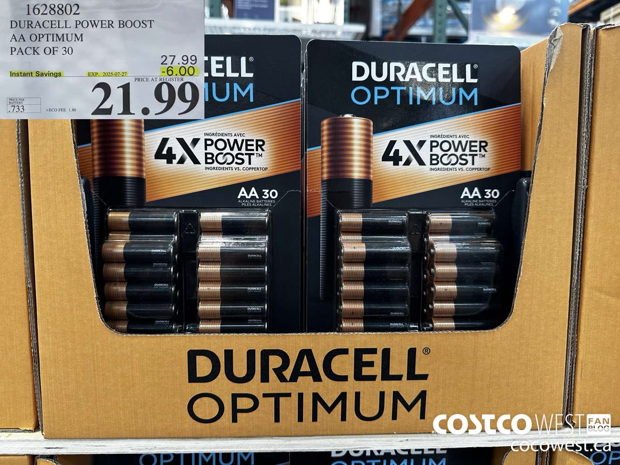 1628802 DURACELL POWER BOOST AA OPTIMUM PACK OF 30 ($6.00 INSTANT SAVINGS EXPIRES ON 2025-07-27) $21.99