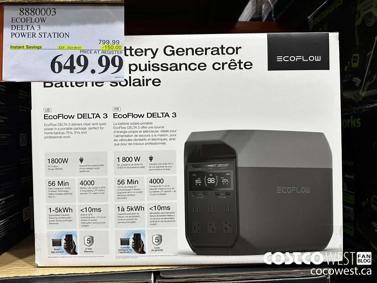 8880003 ECOFLOW DELTA 3 POWER STATION ($150.00 INSTANT SAVINGS EXPIRES ON 2025-08-03) $649.99