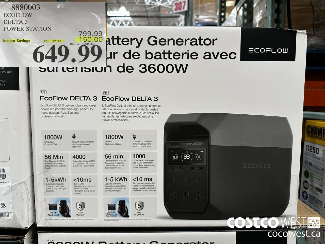 8880003 ECOFLOW DELTA 3 POWER STATION ($150.00 INSTANT SAVINGS EXPIRES ON 2025-08-03) $649.99