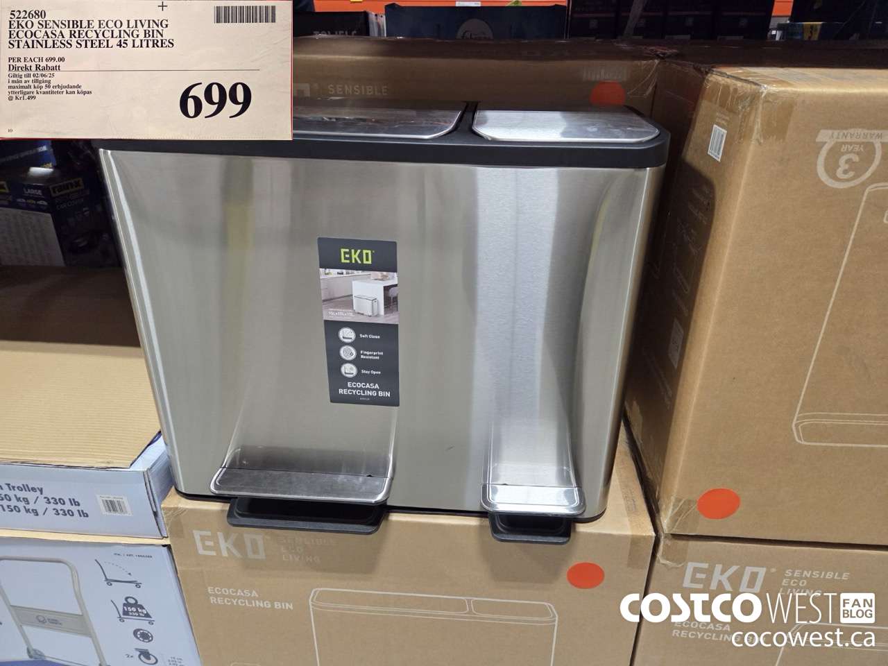 522680 EKO SENSIBLE ECO LIVING ECOCASA RECYCLING BIN STAINLESS STEEL 45 LITRES (EXPIRES ON 2025-06-02) $699.00