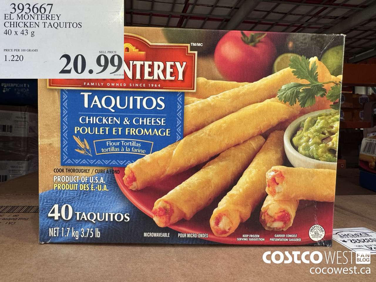 393667 EL MONTEREY CHICKEN TAQUITOS 40 x 43 g $20.99