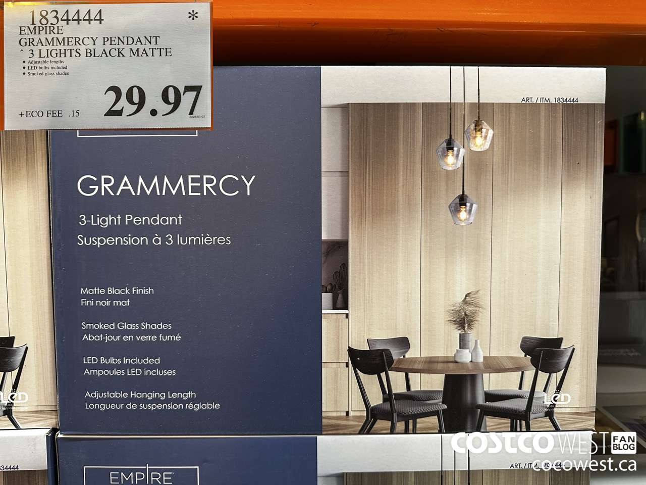 1834444 EMPIRE GRAMMERCY PENDANT 3 LIGHTS BLACK MATTE $29.97