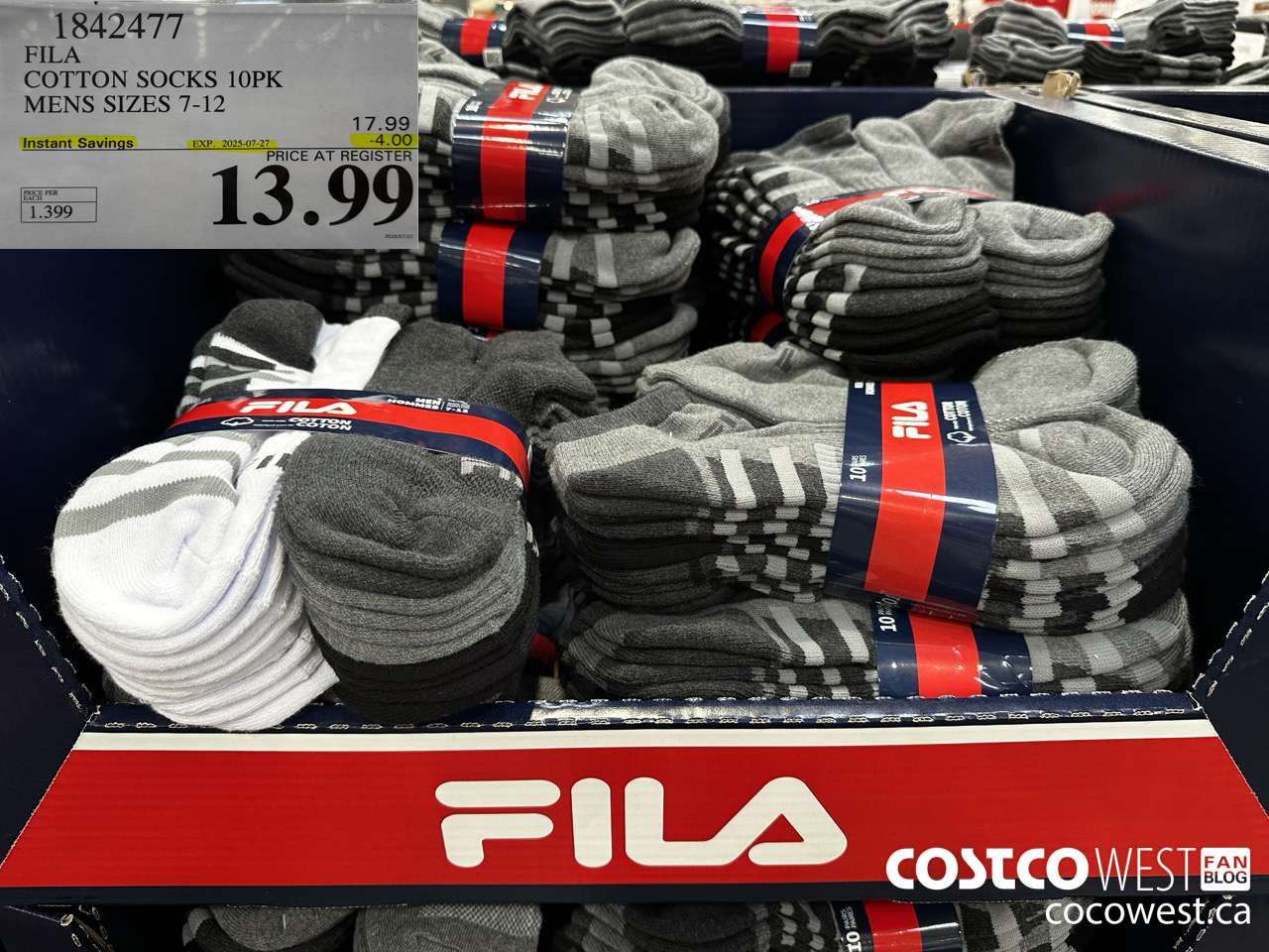 1842477 FILA COTTON SOCKS 10PK MENS SIZES 7-12 ($4.00 INSTANT SAVINGS EXPIRES ON 2025-07-27) $13.99