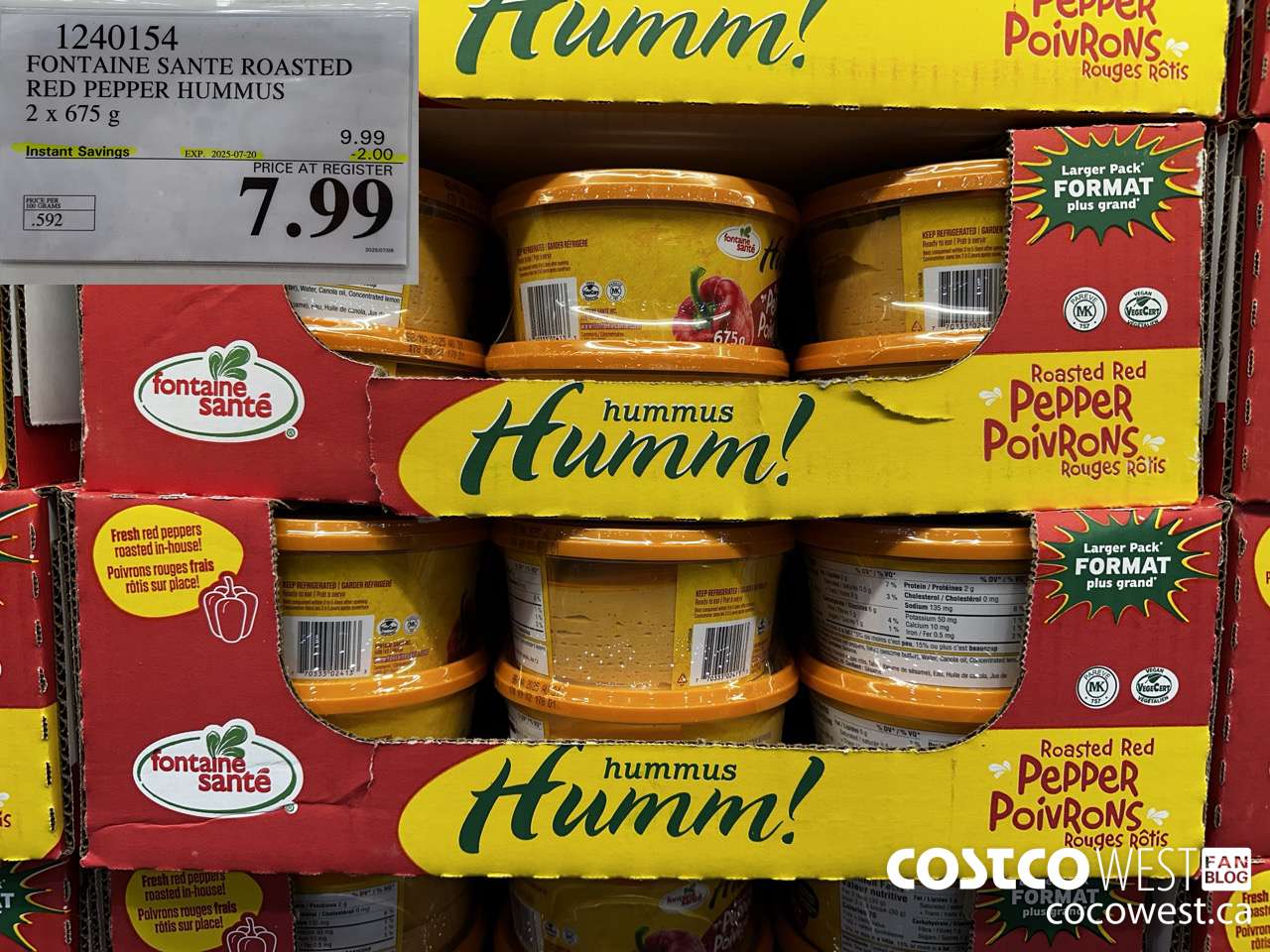 1240154 FONTAINE SANTE ROASTED RED PEPPER HUMMUS 2 X 675G ($2.00 INSTANT SAVINGS EXPIRES ON 2025-07-20) $7.99