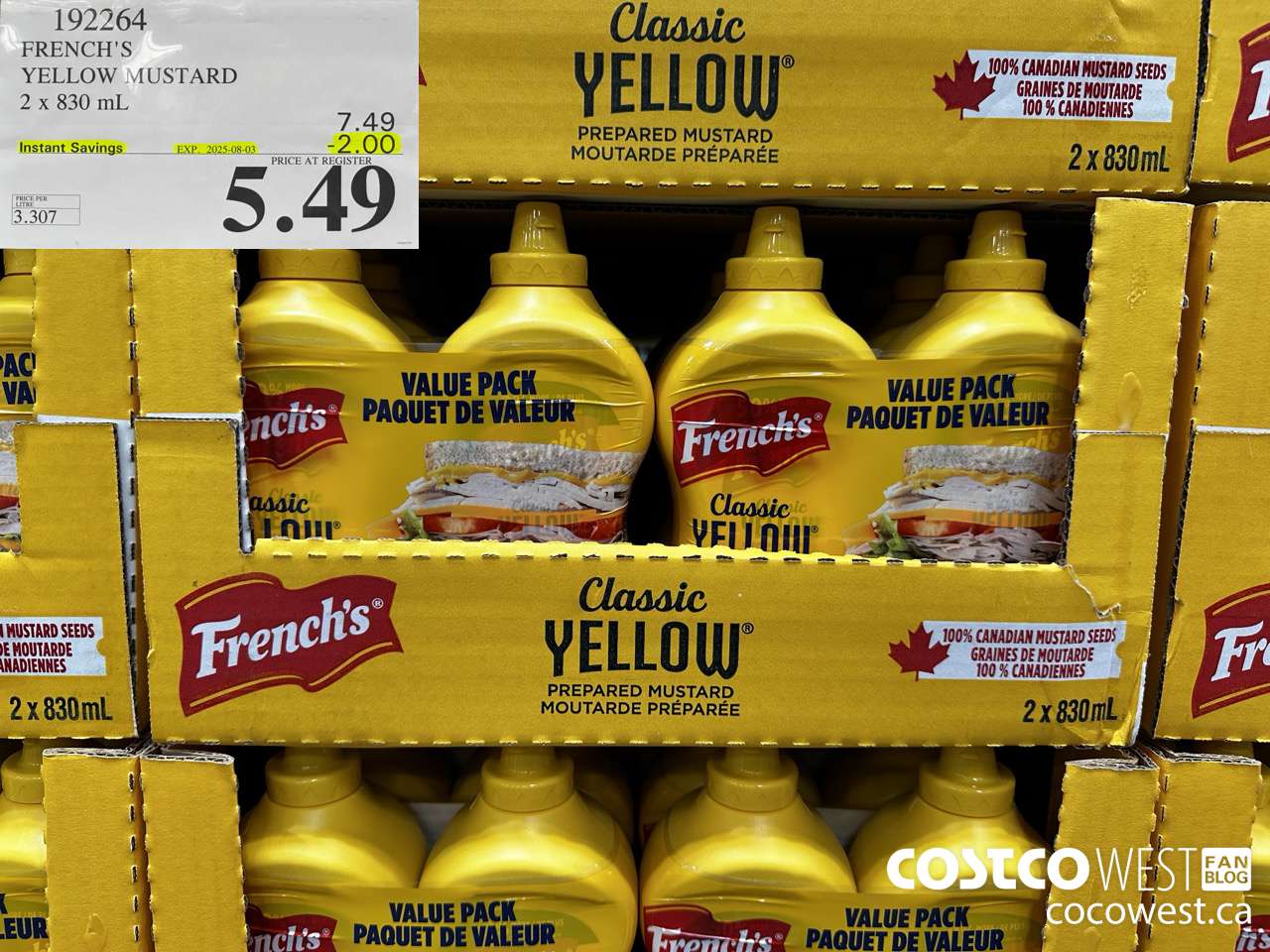 192264 FRENCH'S YELLOW MUSTARD 2 x 830 mL ($2.00 INSTANT SAVINGS EXPIRES ON 2025-08-03) $5.49
