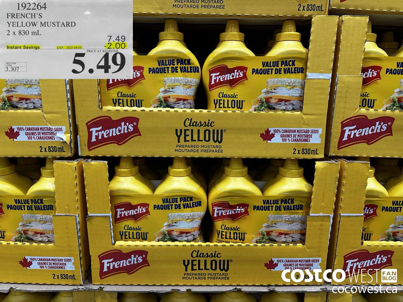 192264 FRENCH'S YELLOW MUSTARD 2 x 830 mL ($2.00 INSTANT SAVINGS EXPIRES ON 2025-08-03) $5.49