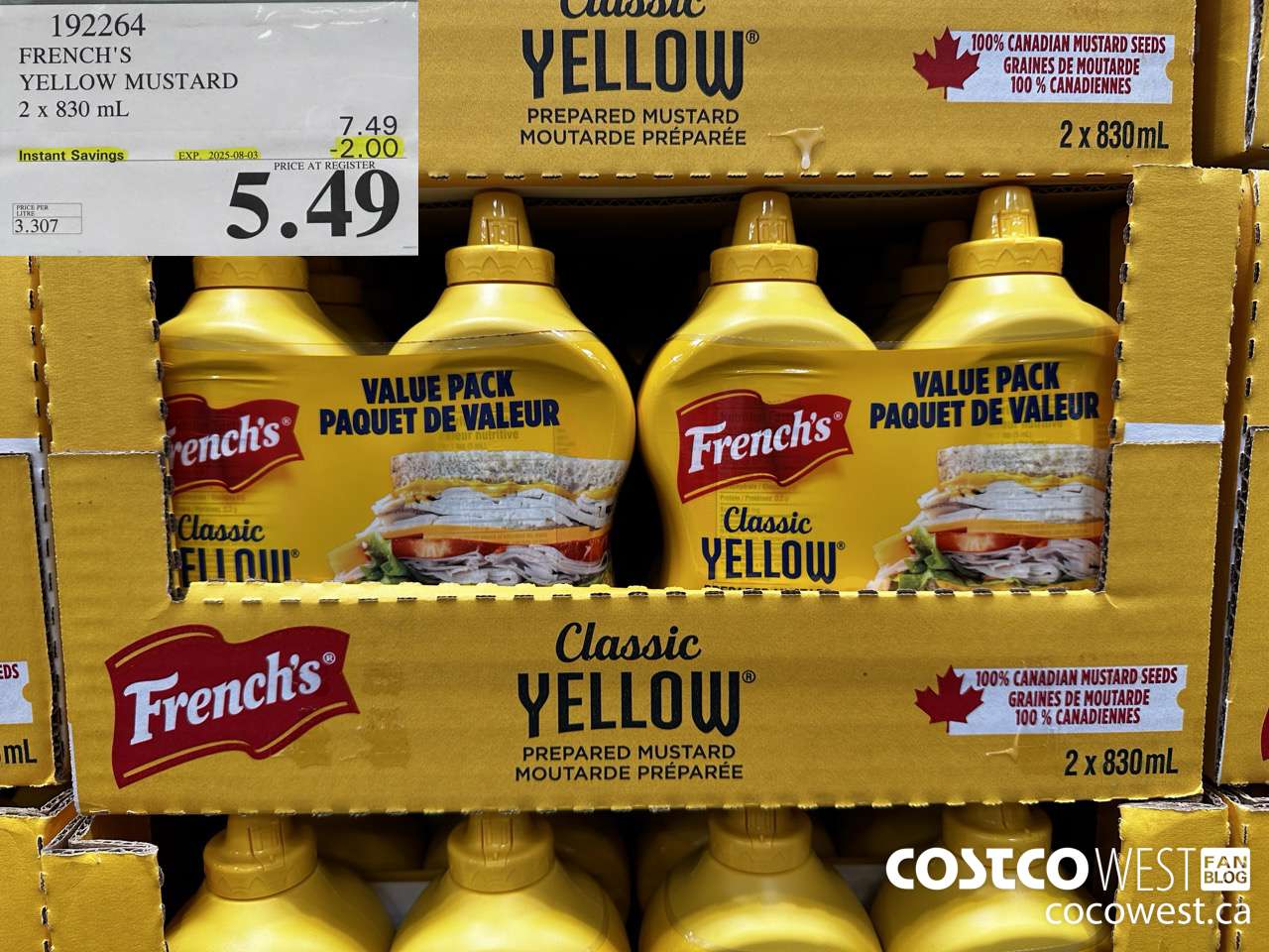 192264 FRENCH'S YELLOW MUSTARD 2 x 830 mL ($2.00 INSTANT SAVINGS EXPIRES ON 2025-08-03) $5.49