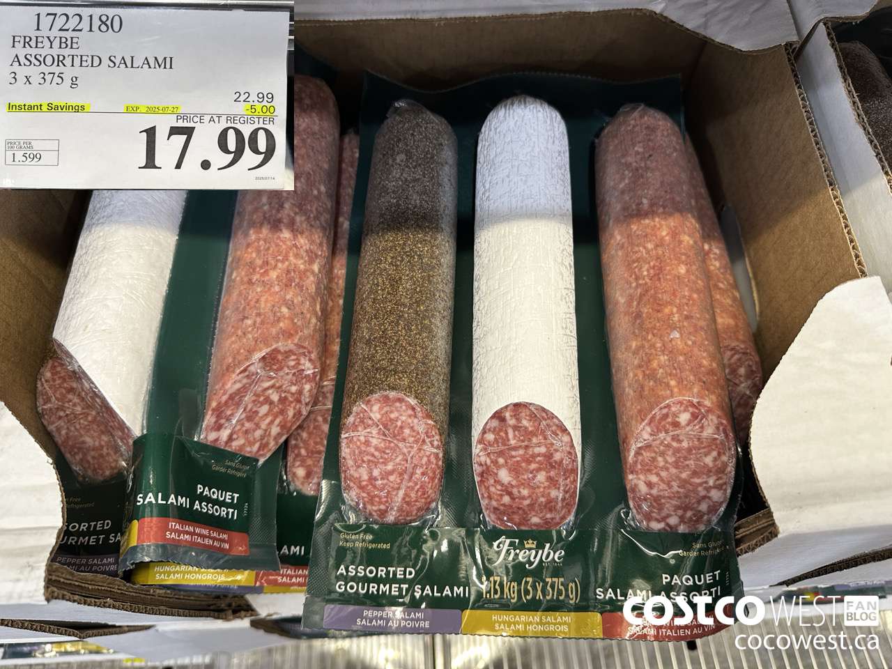 1722180 FREYBE ASSORTED SALAMI 3 x 375 g ($5.00 INSTANT SAVINGS EXPIRES ON 2025-07-27) $17.99