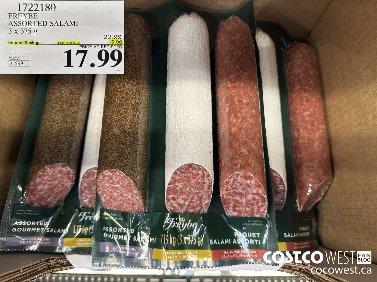 1722180 FREYBE ASSORTED SALAMI 3 x 375 g ($5.00 INSTANT SAVINGS EXPIRES ON 2025-07-27) $17.99