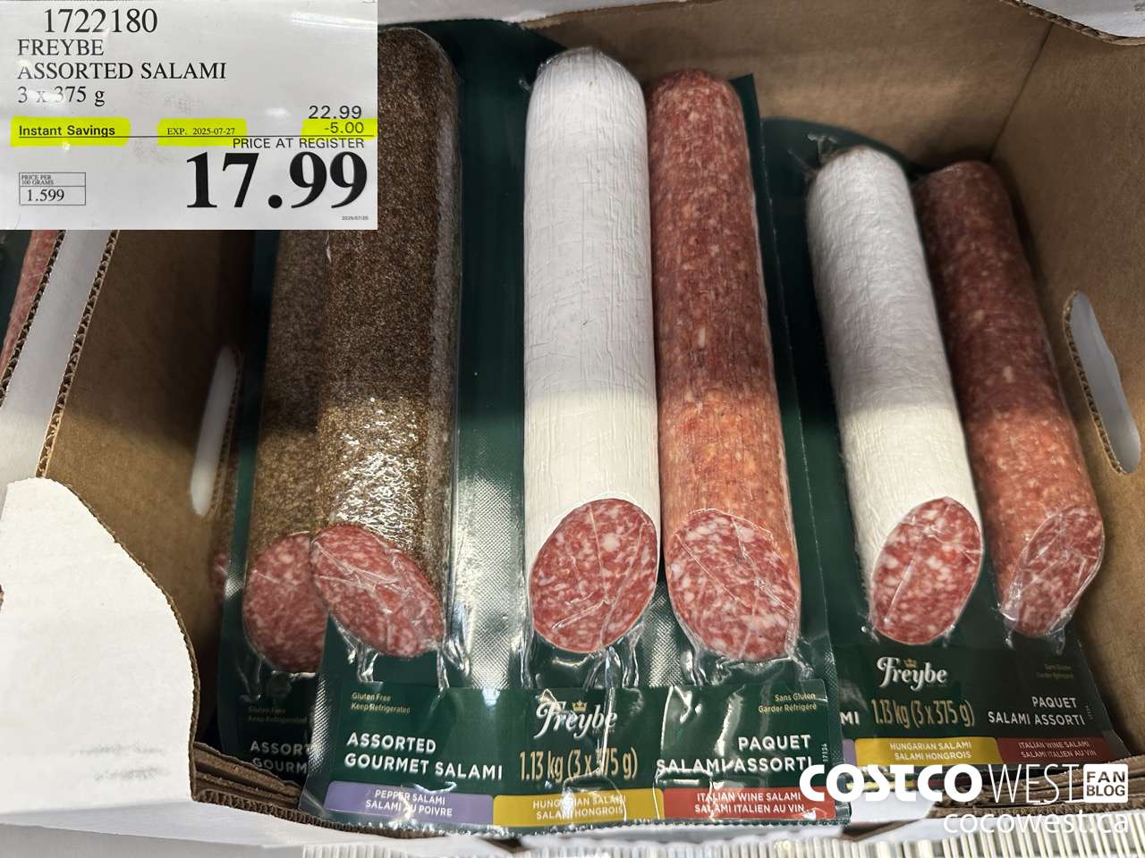 1722180 FREYBE ASSORTED SALAMI 3 x 375 g ($5.00 INSTANT SAVINGS EXPIRES ON 2025-07-27) $17.99
