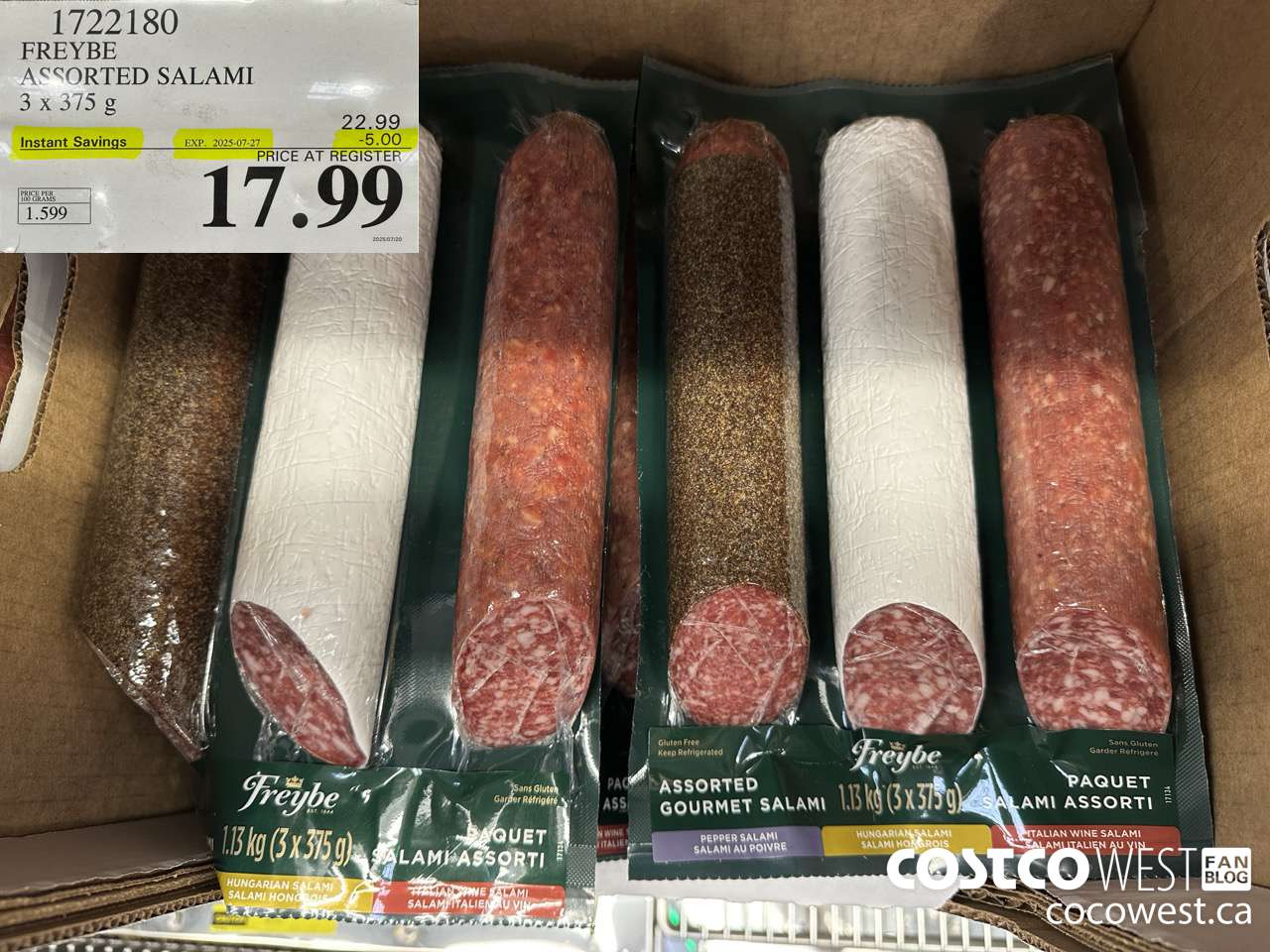 1722180 FREYBE ASSORTED SALAMI 3 x 375 g ($5.00 INSTANT SAVINGS EXPIRES ON 2025-07-27) $17.99