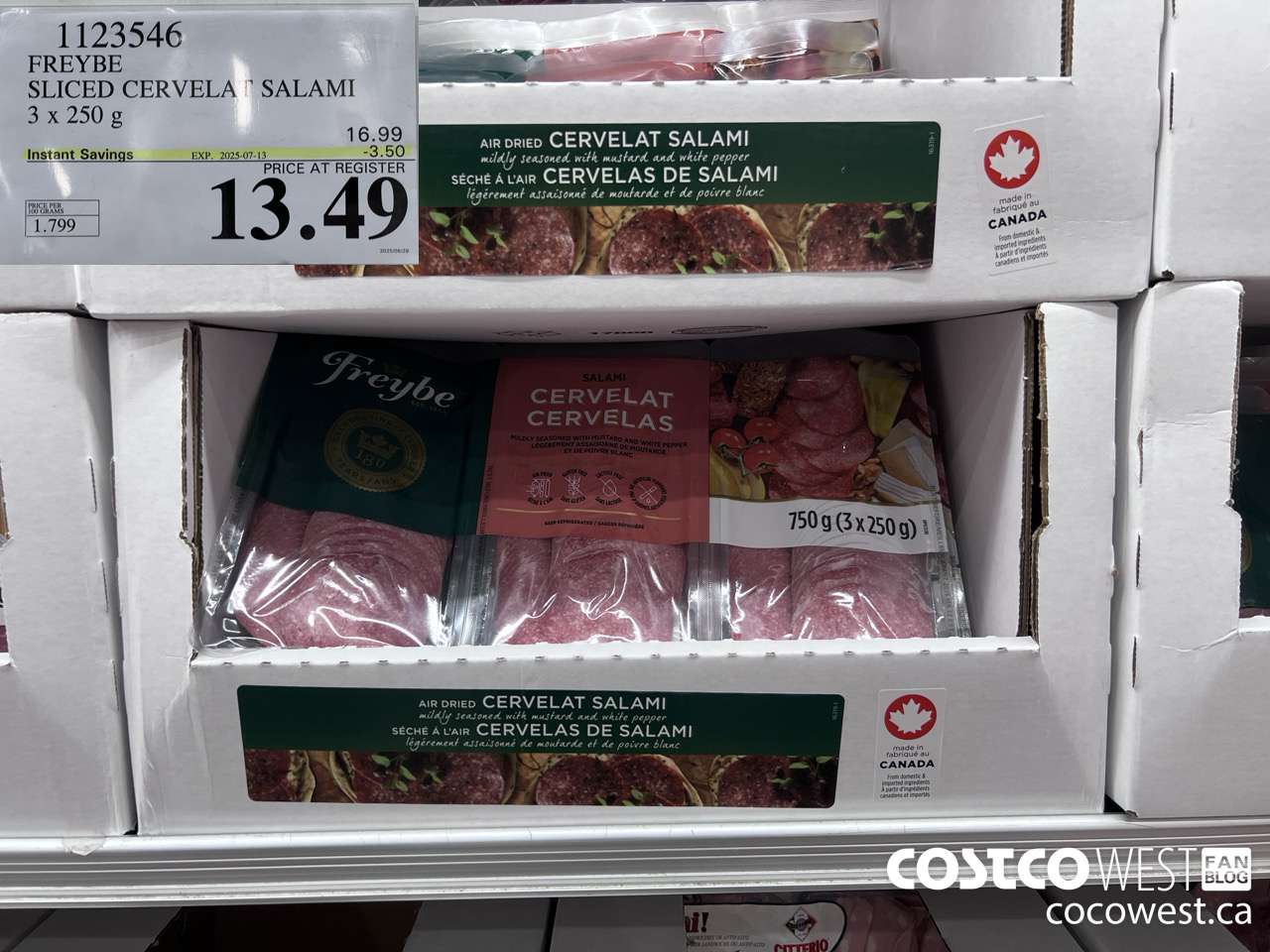 1123546 FREYBE SLICED CERVELAT SALAMI 3 x 250 g ($3.50 INSTANT SAVINGS EXPIRES ON 2025-07-13) $13.49