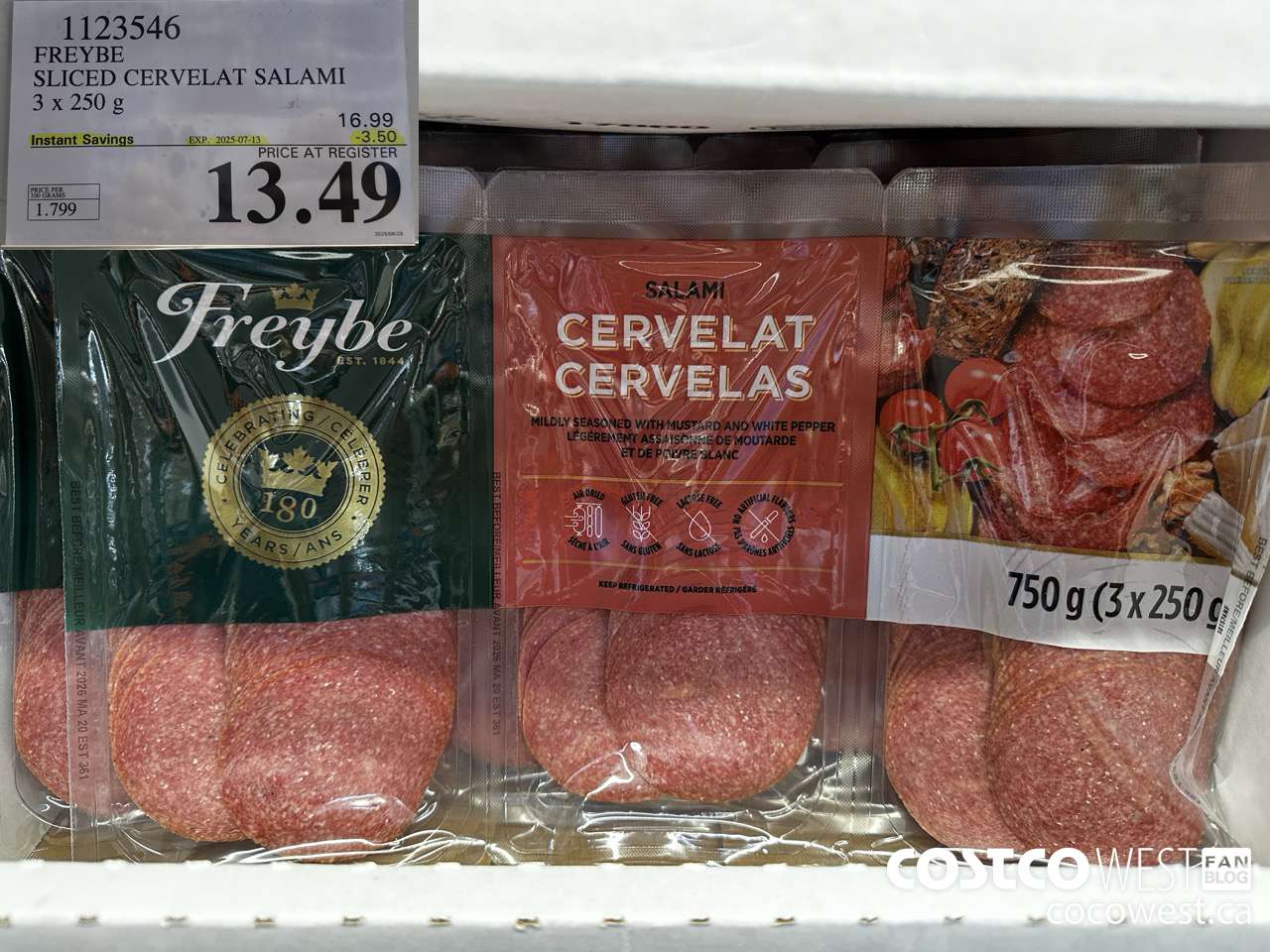 1123546 FREYBE SLICED CERVELAT SALAMI 3 x 250 g ($3.50 INSTANT SAVINGS EXPIRES ON 2025-07-13) $13.49