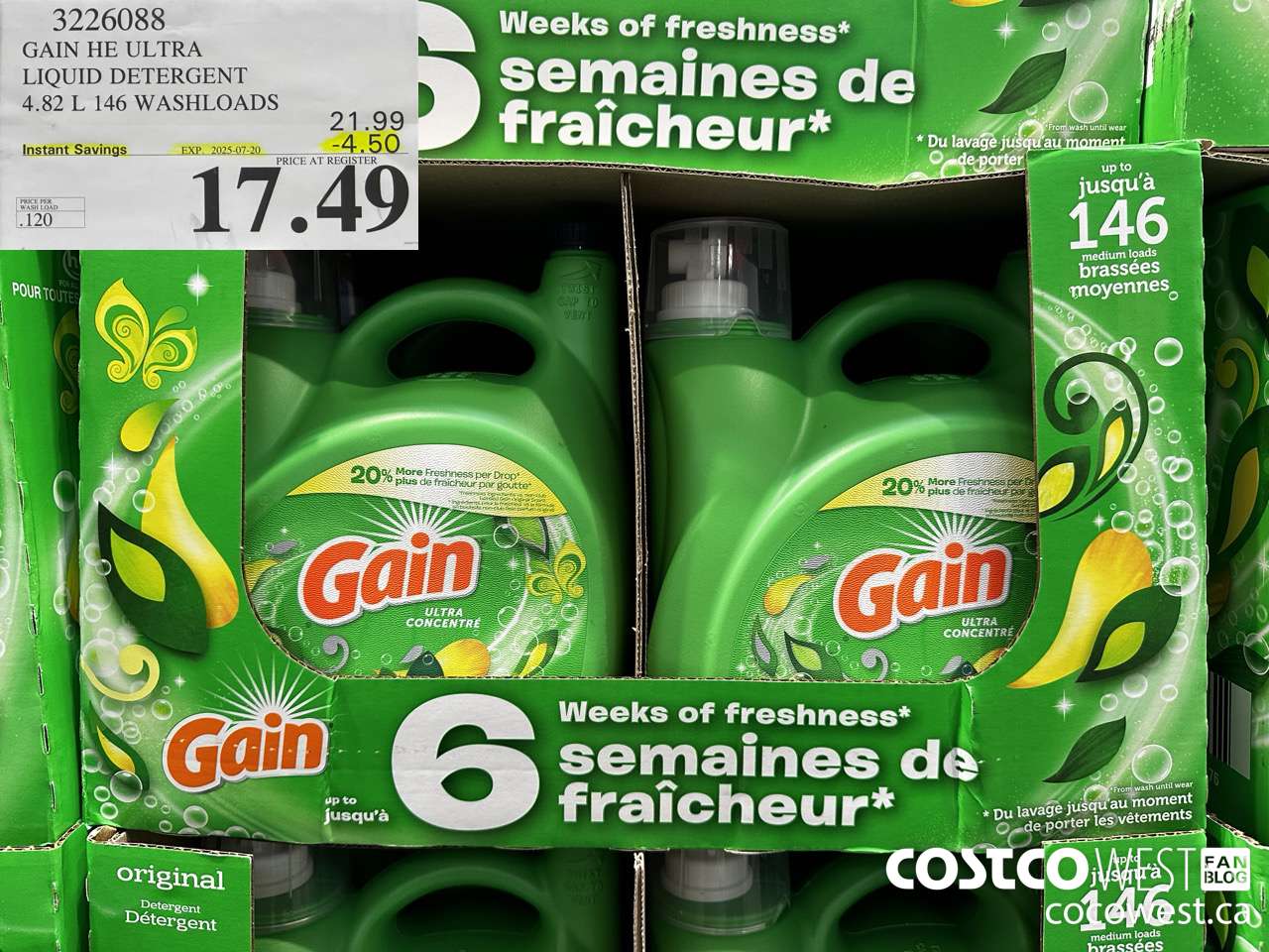 3226088 GAIN HE ULTRA LIQUID DETERGENT 4.82 L 146 WASHLOADS ($4.50 INSTANT SAVINGS EXPIRES ON 2025-07-20) $17.49