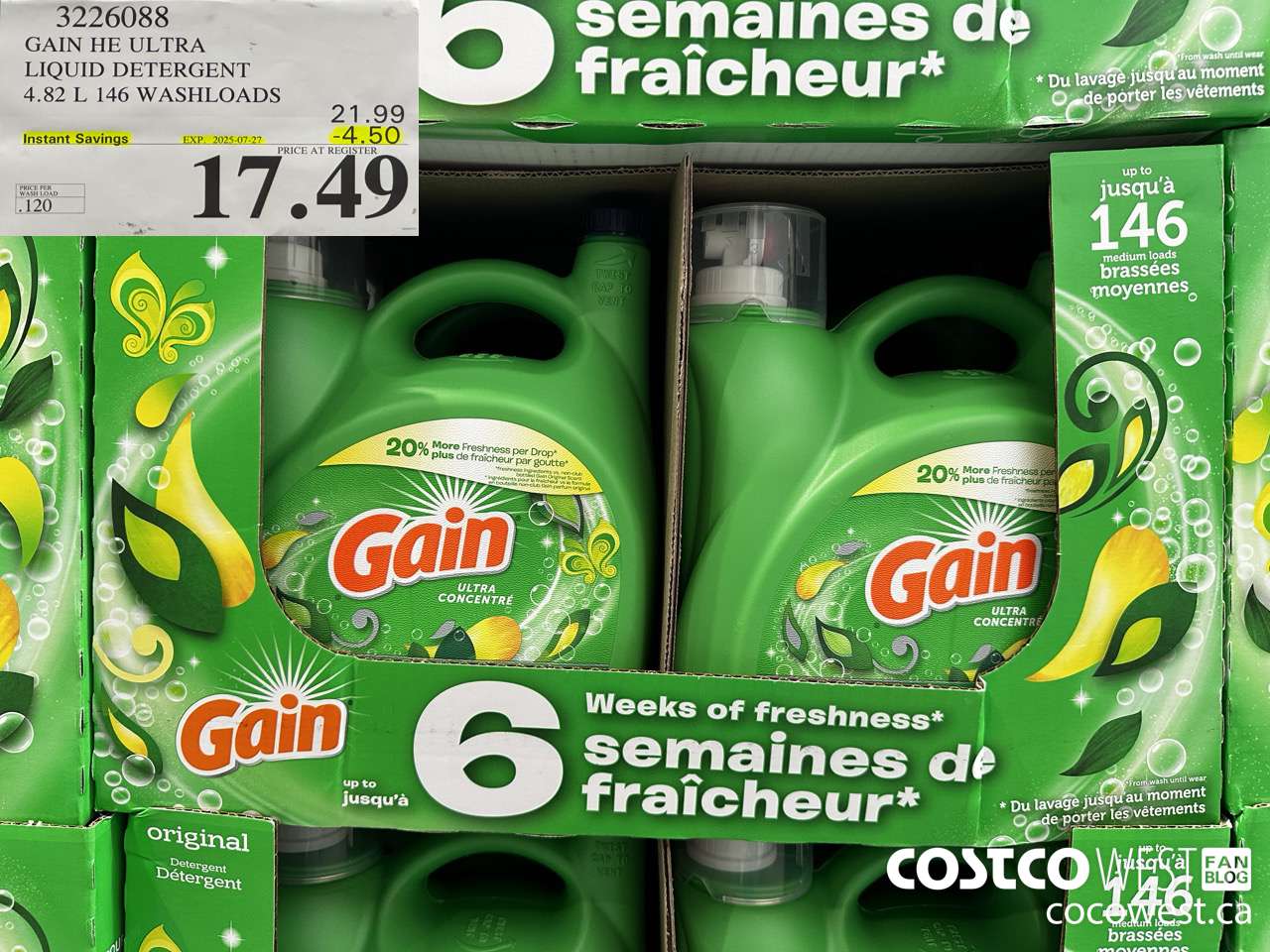 3226088 GAIN HE ULTRA LIQUID DETERGENT 4.82 L 146 WASHLOADS ($4.50 INSTANT SAVINGS EXPIRES ON 2025-07-27) $17.49