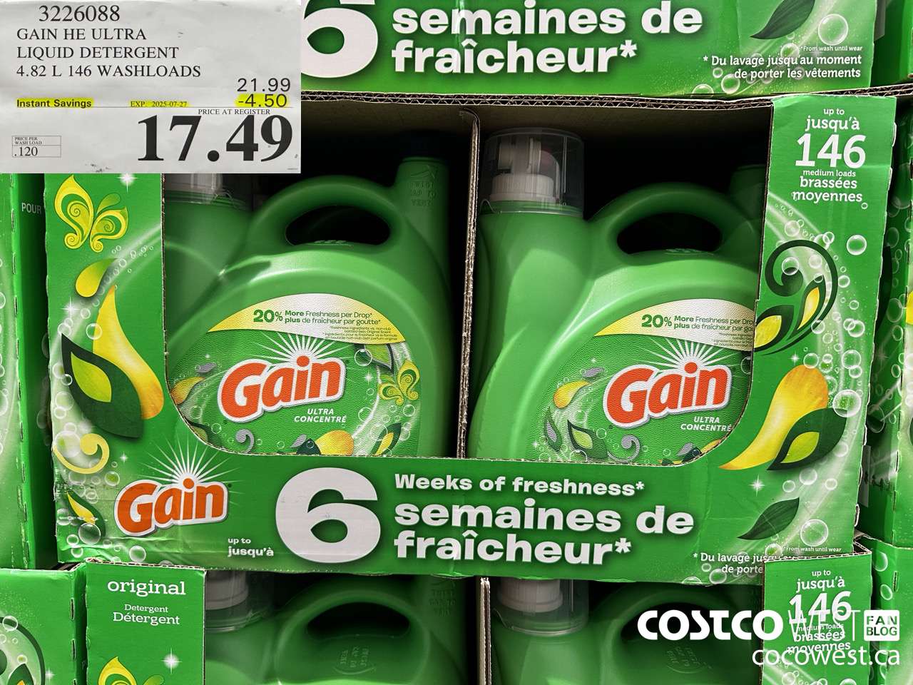 3226088 GAIN HE ULTRA LIQUID DETERGENT 4.82 L 146 WASHLOADS ($4.50 INSTANT SAVINGS EXPIRES ON 2025-07-27) $17.49