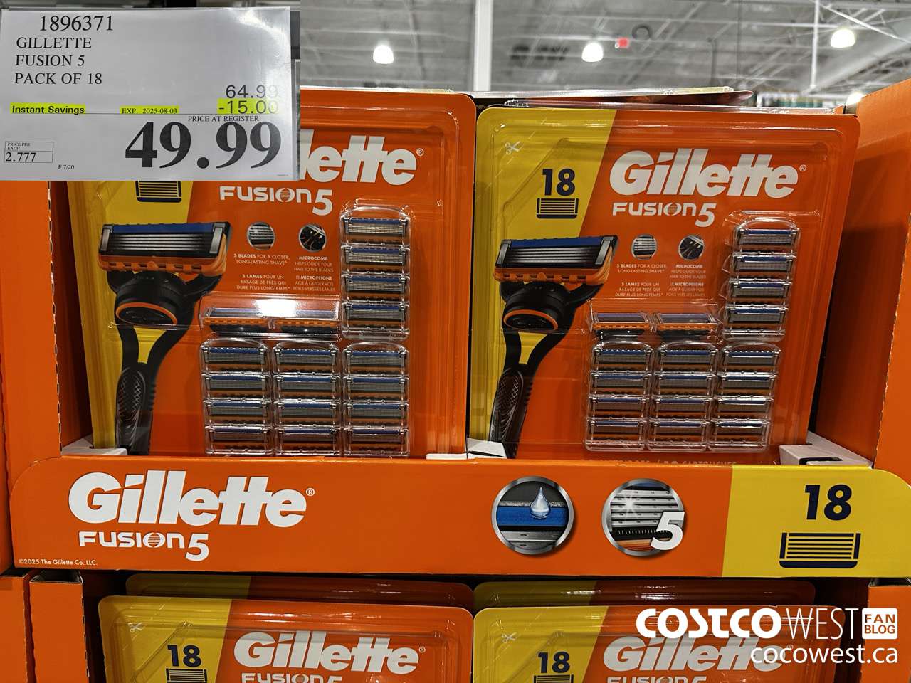 1896371 GILLETTE FUSION 5 PACK OF 18 ($15.00 INSTANT SAVINGS EXPIRES ON 2025-08-03) $49.99
