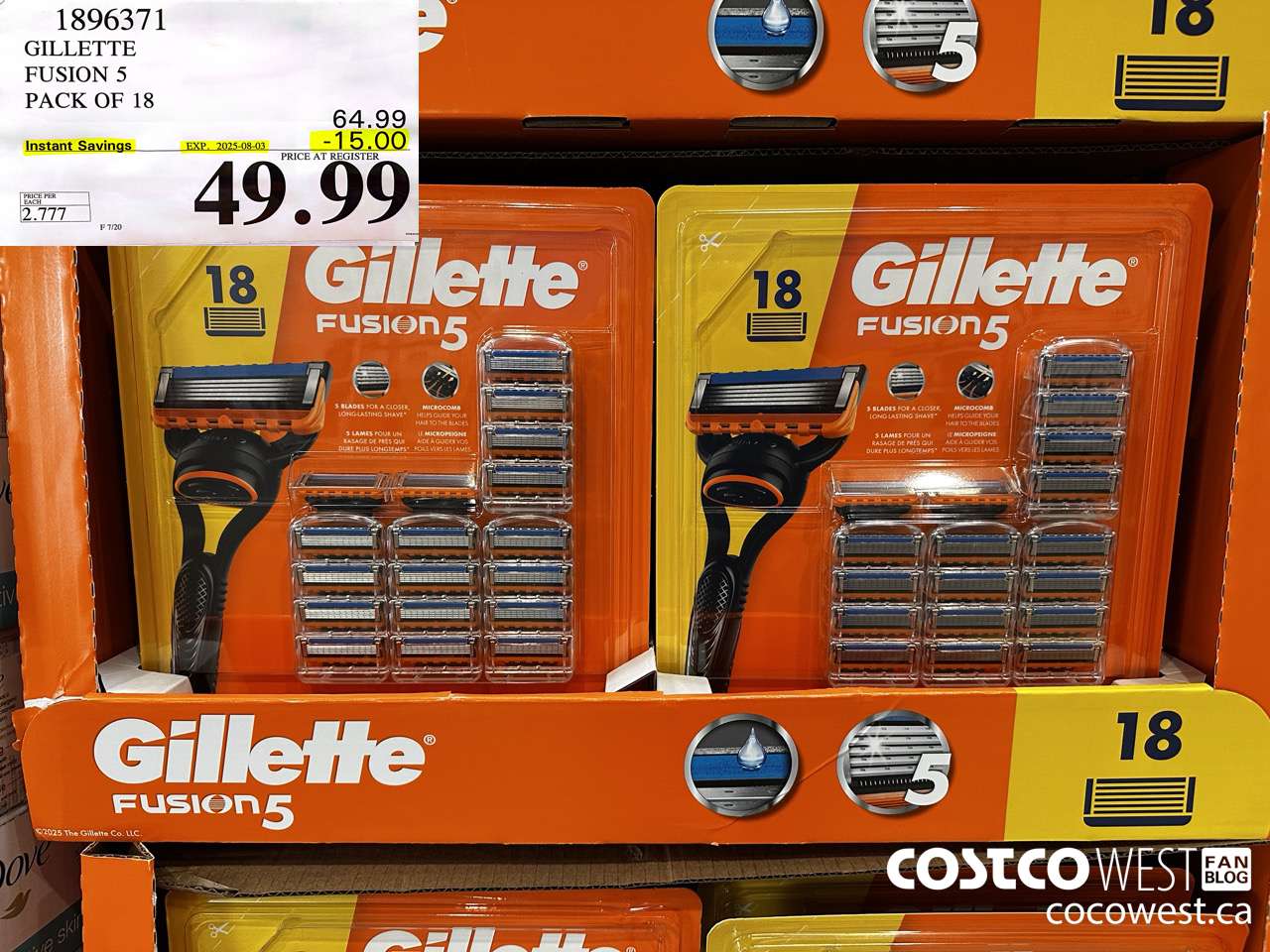 1896371 GILLETTE FUSION 5 PACK OF 18 ($15.00 INSTANT SAVINGS EXPIRES ON 2025-08-03) $49.99