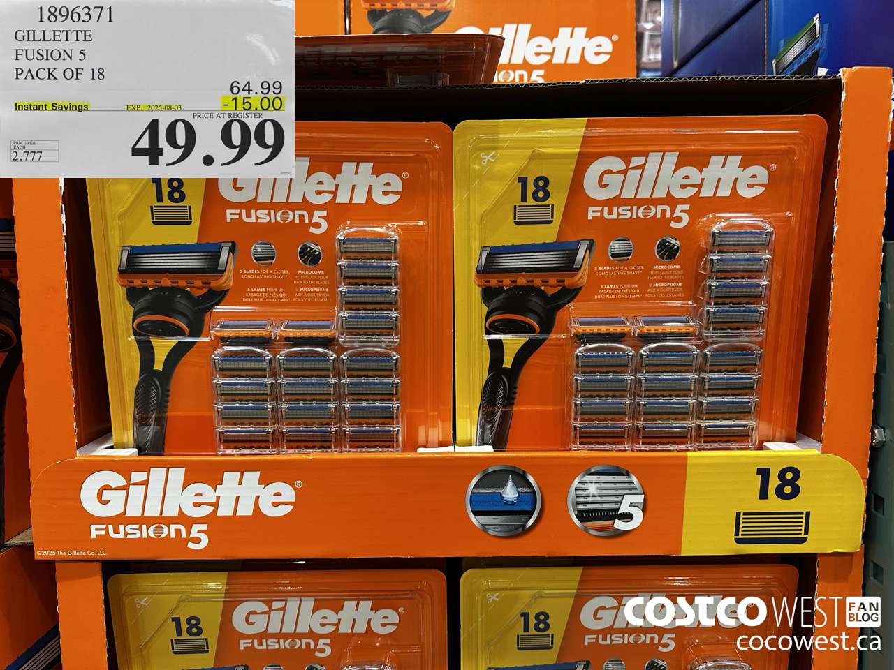 1896371 GILLETTE FUSION 5 PACK OF 18 ($15.00 INSTANT SAVINGS EXPIRES ON 2025-08-03) $49.99