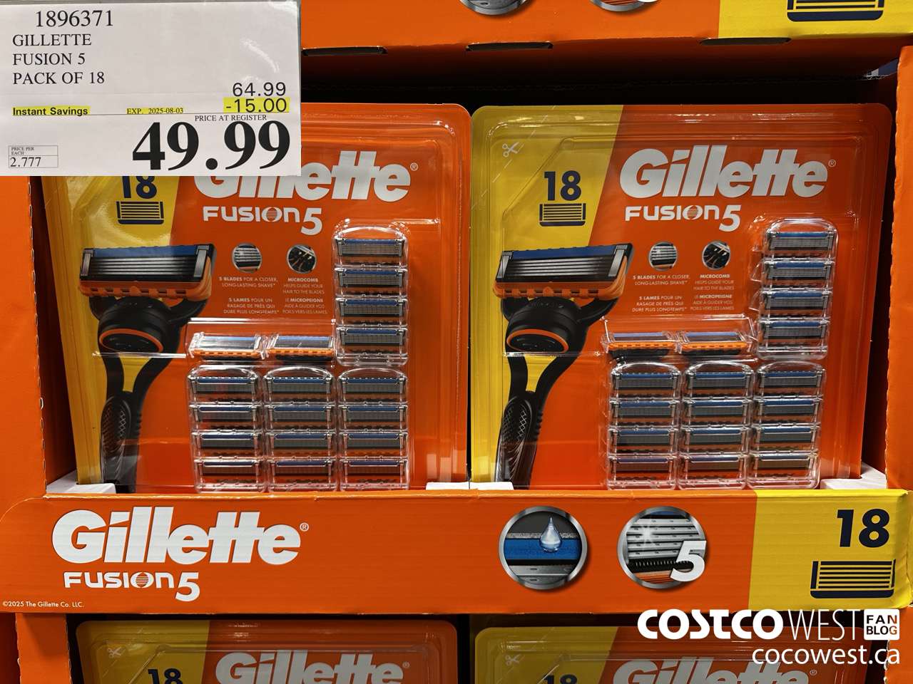 1896371 GILLETTE FUSION 5 PACK OF 18 ($15.00 INSTANT SAVINGS EXPIRES ON 2025-08-03) $49.99