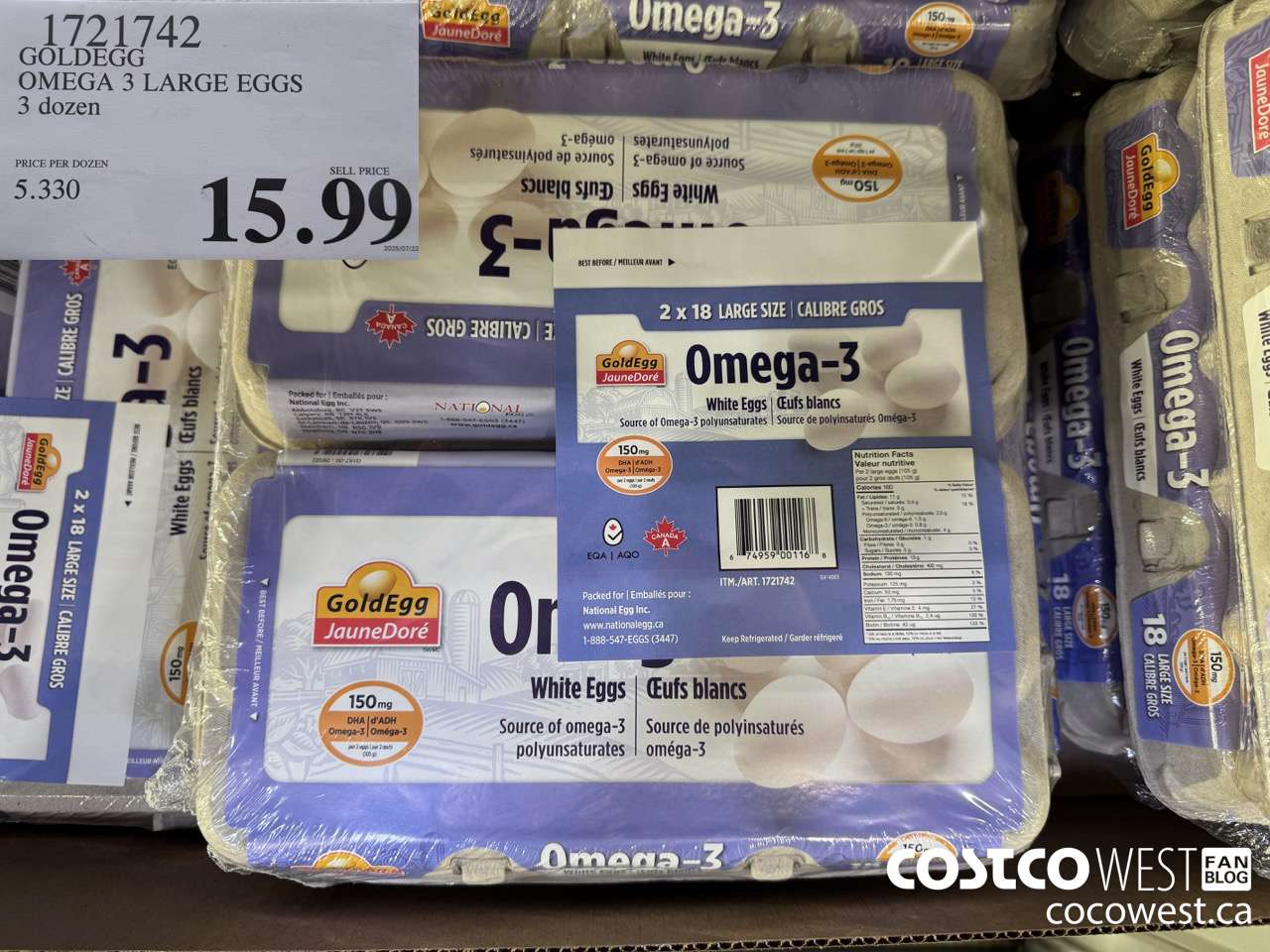 1721742 GOLDEGG OMEGA 3 LARGE EGGS 3 DOZEN $15.99