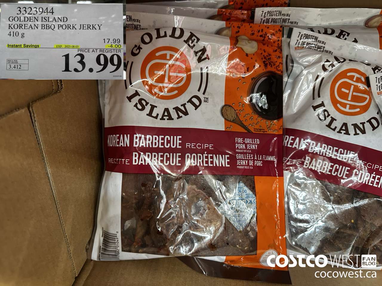 3323944 GOLDEN ISLAND KOREAN BBQ PORK JERKY 410G ($4.00 INSTANT SAVINGS EXPIRES ON 2025-08-03) $13.99