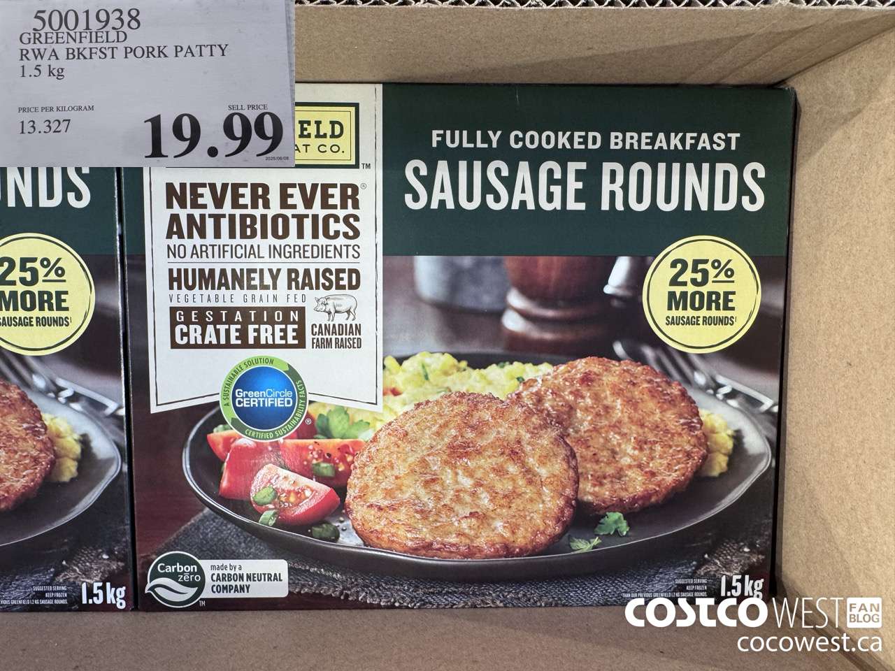 5001938 GREENFIELD RWA BKFST PORK PATTY 1.5KG $19.99