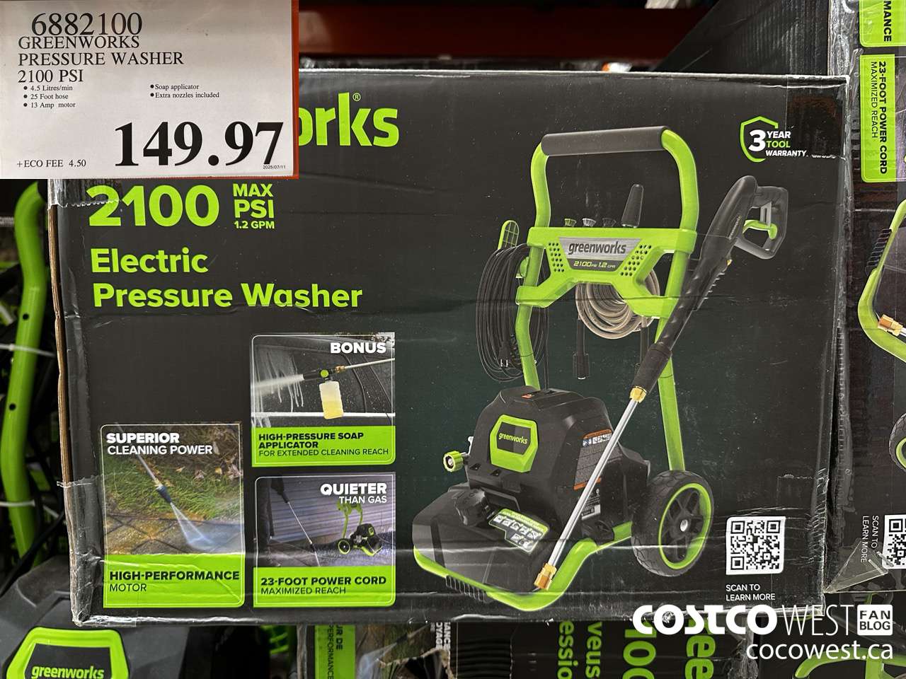 6882100 GREENWORKS PRESSURE WASHER 2100 PSI $149.97