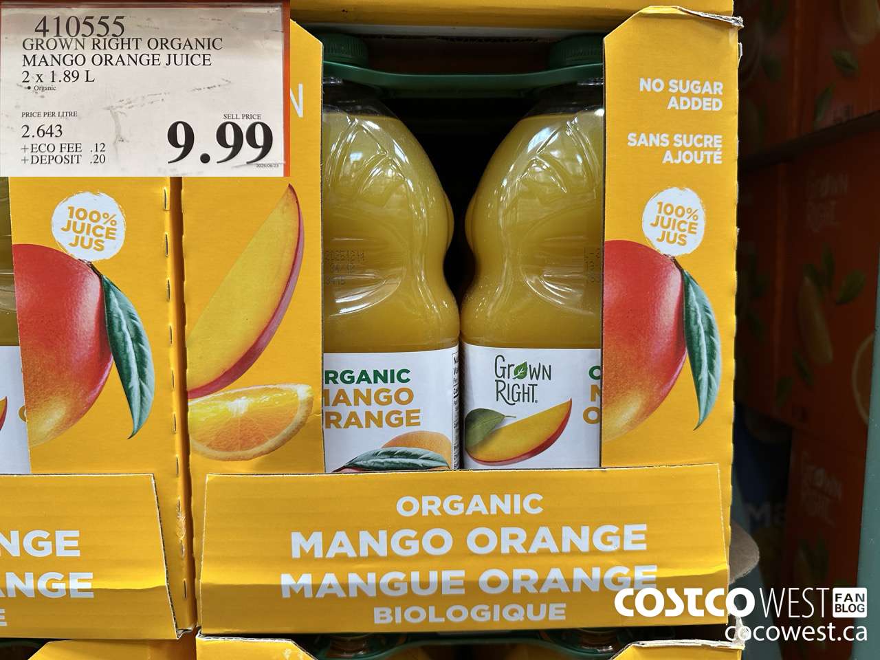 410555 GROWN RIGHT ORGANIC MANGO ORANGE JUICE 2 X 1.89L $9.99