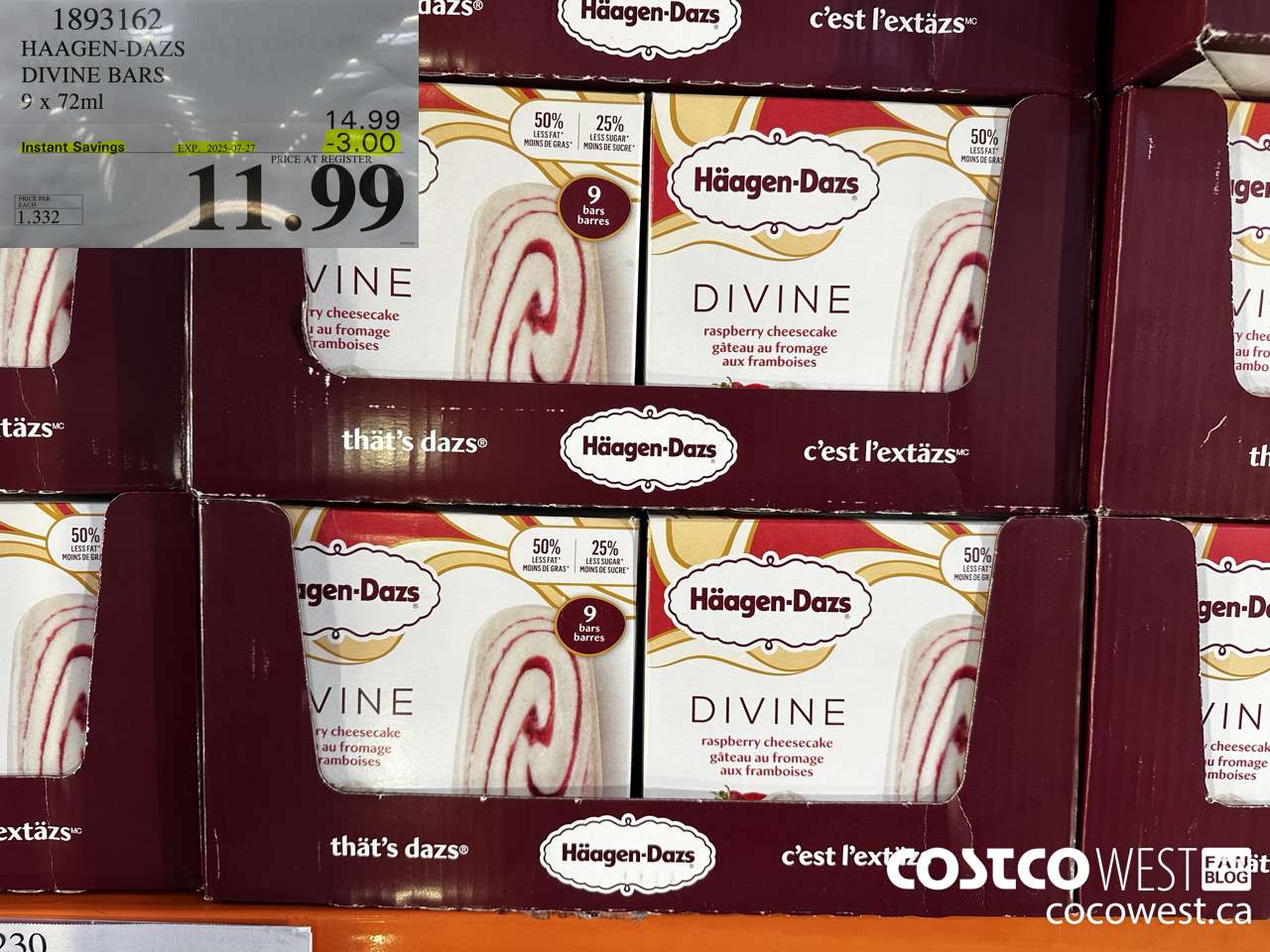 1893162 HAAGEN-DAZS DIVINE BARS 9 X 72ML ($3.00 INSTANT SAVINGS EXPIRES ON 2025-07-27) $11.99