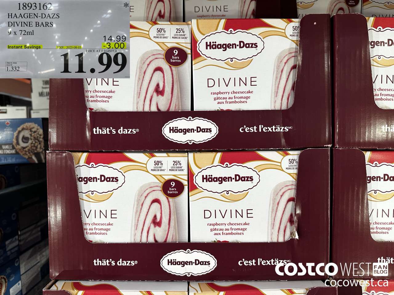 1893162 HAAGEN-DAZS DIVINE BARS 9 X 72ML ($3.00 INSTANT SAVINGS EXPIRES ON 2025-08-03) $11.99
