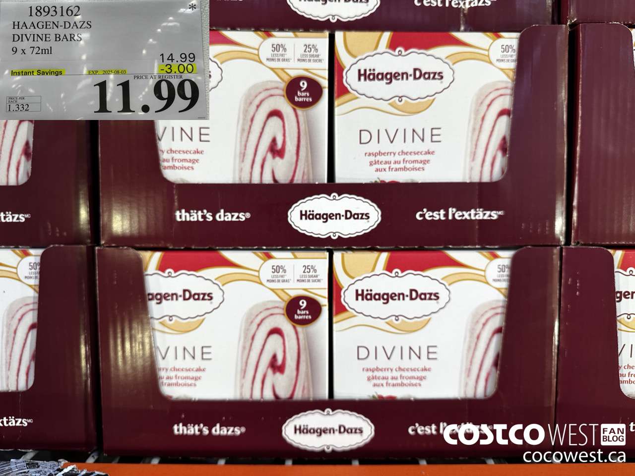 1893162 HAAGEN-DAZS DIVINE BARS 9 X 72ML ($3.00 INSTANT SAVINGS EXPIRES ON 2025-08-03) $11.99