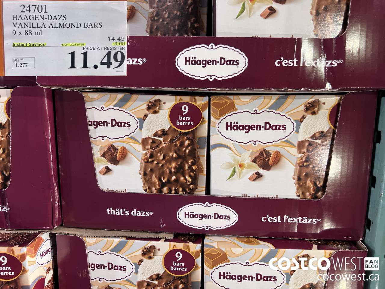 24701 HAAGEN-DAZS VANILLA ALMOND BARS 9 x 88 ml ($3.00 INSTANT SAVINGS EXPIRES ON 2025-07-06) $11.49