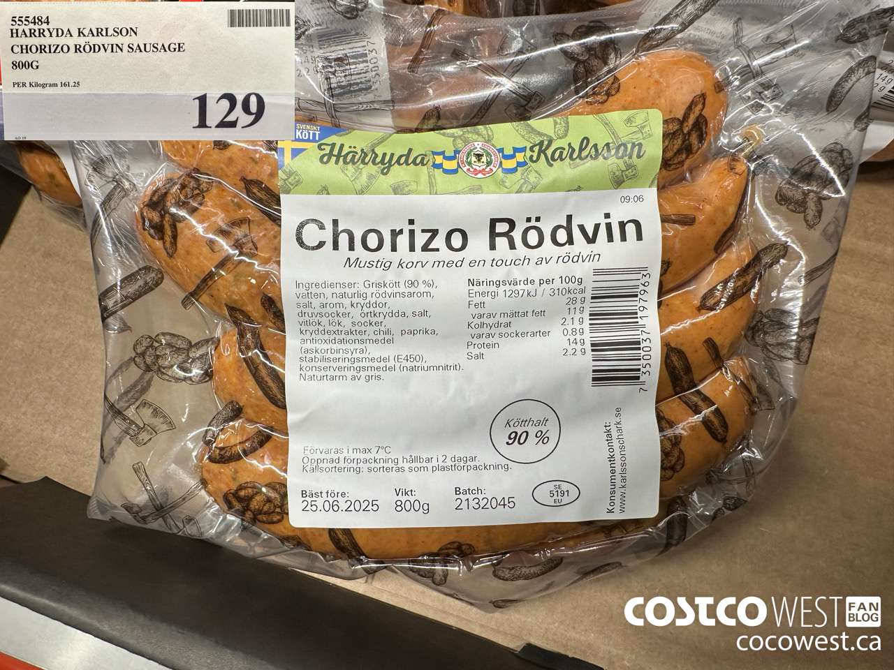 555484 HARRYDA KARLSON CHORIZO RODVIN SAUSAGE 800G $129.00