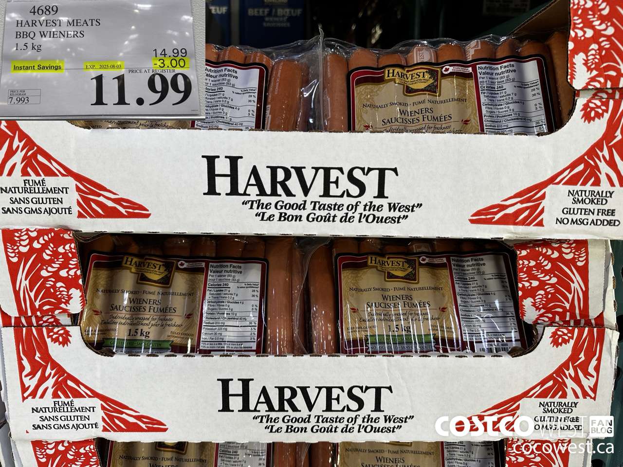 4689 HARVEST MEATS BBQ WIENERS 1.5KG ($3.00 INSTANT SAVINGS EXPIRES ON 2025-08-03) $11.99