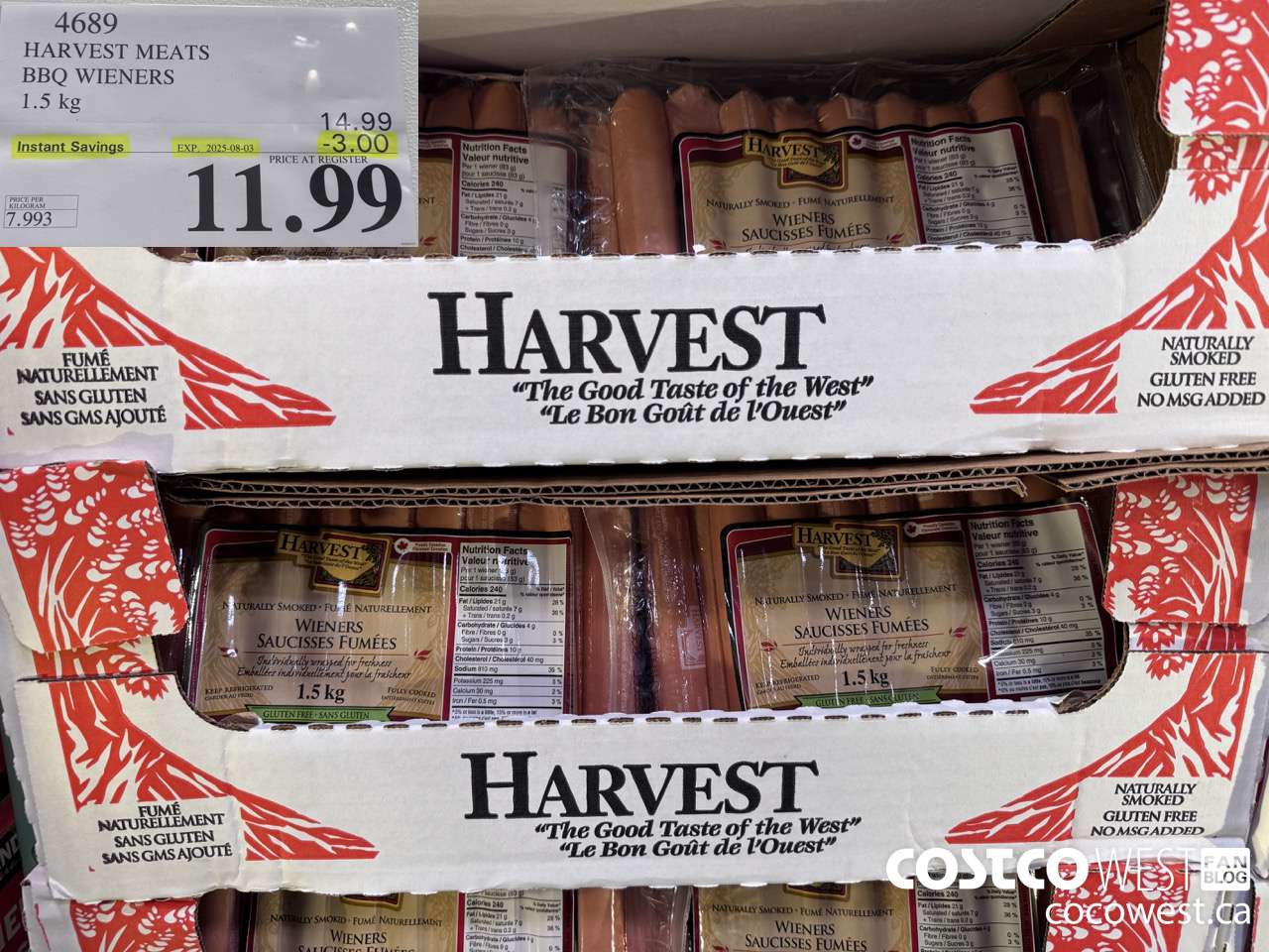 4689 HARVEST MEATS BBQ WIENERS 1.5KG ($3.00 INSTANT SAVINGS EXPIRES ON 2025-08-03) $11.99