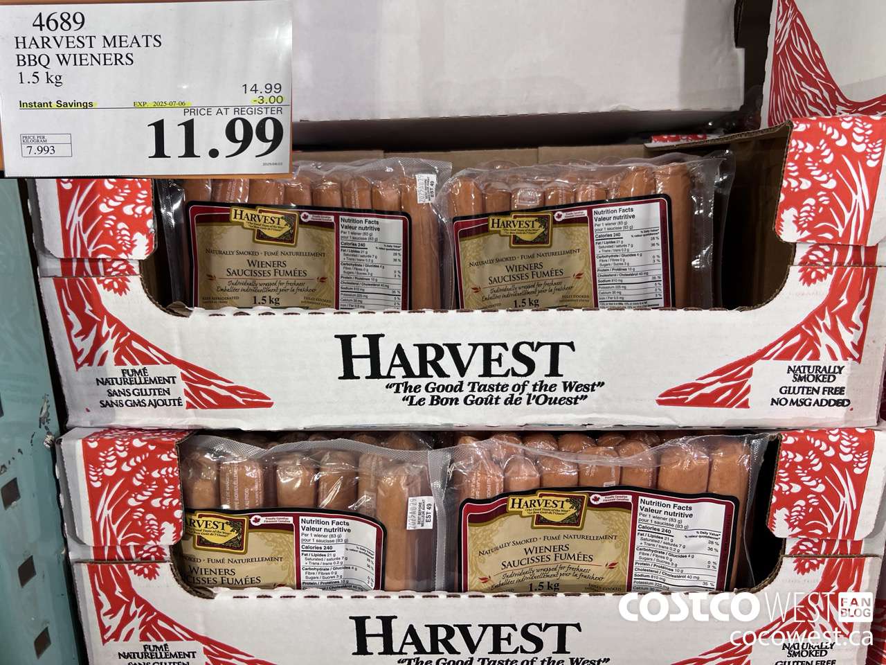4689 HARVEST MEATS BBQ WIENERS 1.5 KG ($3.00 INSTANT SAVINGS EXPIRES ON 2025-07-06) $11.99